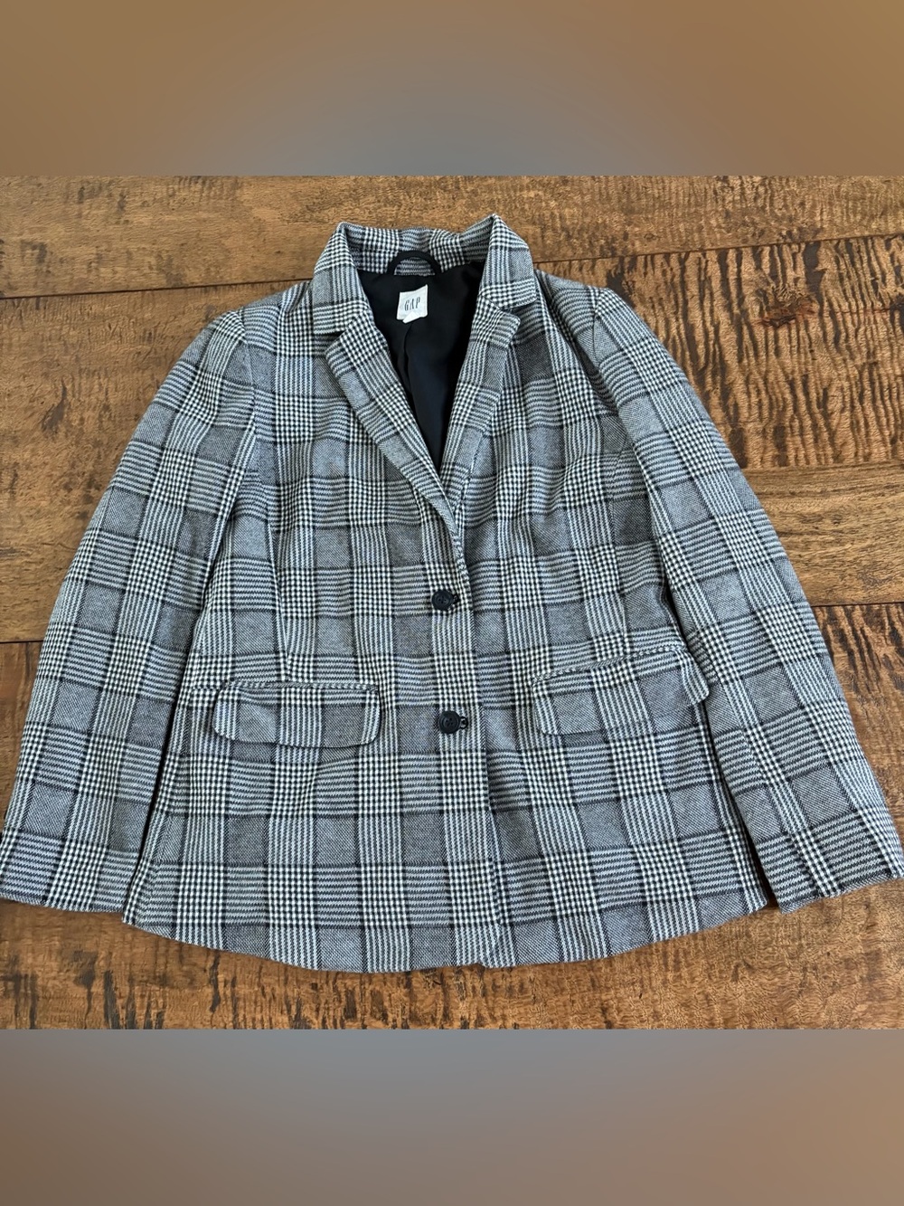Gap Modern Plaid Blazer Size 12 Black White Gray Long Sleeve Two Button